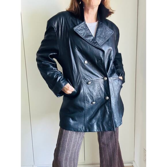 Vintage Lambskin Leather Coat Mens Size Large Black Buttery Soft Double Breasted - Picture 5 of 12